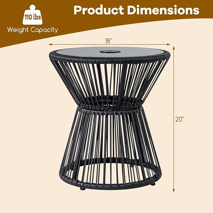 Tangkula Outdoor Side Table with LED Warm Light, PE Rattan Hourglass-Shaped End Table with Tempered Glass Top, Battery Operated Accent Coffee Table for Patio, Porch, Balcony & Living Room (1)