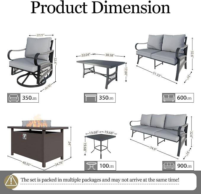 10-Piece Outdoor Furniture Set, Metal Swivel Rocking Chairs with All-Weather Cushions, Patio Conversation Set with Fire Pit Table for Deck, Porch, Garden, Backyard, Poolside (Gray Cushions)