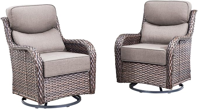 Luxury Outdoor Swivel Rocker Patio Chairs Set of 2 with 6-Inch Thick Cushions, High Back Swivel Patio Chairs Wicker Outdoor Gliders for Porch, Yard, Deck, Poolside, Brown/Grey