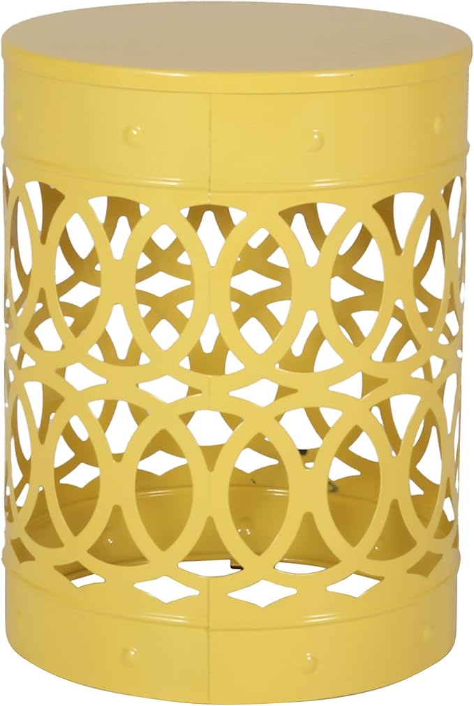 Set of 2 Yellow Metal Outdoor Side Tables, Round Patio End Tables, Weather Resistant Accent Stools, Geometric Cutout Design, Indoor & Outdoor Decorative Tables for Garden, Balcony, Living Room