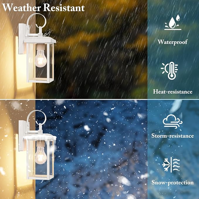 BesLowe 2-Pack Outdoor Wall Light Fixtures, Modern Porch Sconces, White | Waterproof, Rust-Resistant, Durable Metal with Clear Glass, Standard E26 Socket, Easy to Install