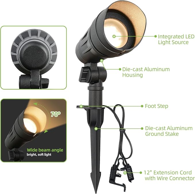 hykolity Low Voltage LED Landscape Spotlights, Aluminum Spot Lights Outdoor | Waterproof Outdoor Spot Lights, 12-15V 7.5W 390LM, Black Wired Landscape Lighting for Yard Garden Pathway, 4 Pack