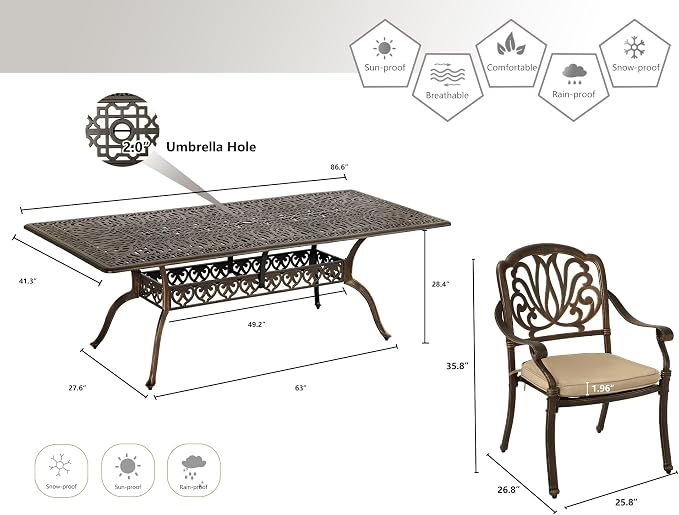 Grepatio 9 Piece Cast Aluminum Outdoor Dining Set, Patio Furniture Set with 2“ Umbrella Hole and 8 Chairs with Cushions, Patio Dining Furniture Set for Porch Poolside Garden (Khaki)