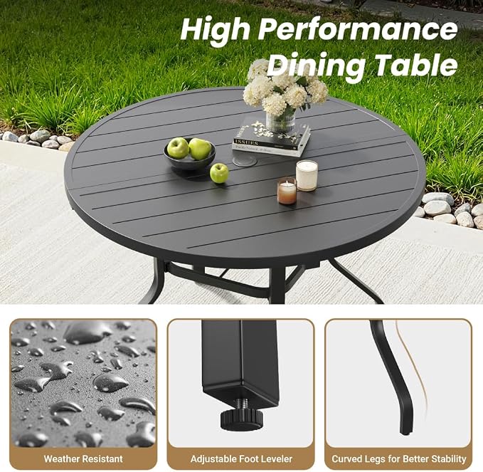 41" Round Outdoor Dining Table, Wood-Like Grain with 1.57" Umbrella Hole, for Backyard and Poolside (Black + Metal & Wood)