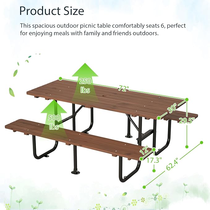 72" Wooden Picnic Table, Picnic Table with Benches, Steel Frame with Umbrella Hole 1.97" for Patio Party Barbecue Party (Brown + Black, 72")