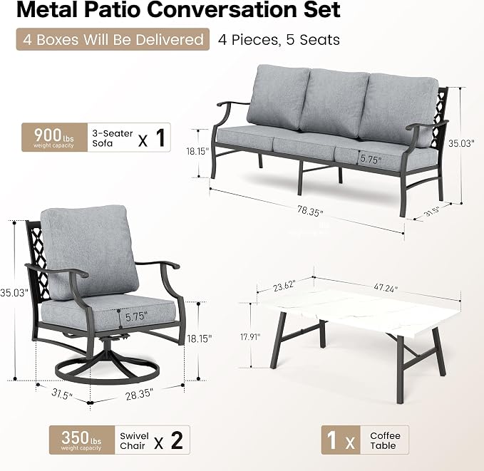SUNSHINE VALLEY 4 Piece Metal Outdoor Patio Furniture Set, Patio Conversation Sets 1 3-seater Sofa, 2 Swivel Chair with 5.75" Extra Thick Cushion and Coffee Table, Black Frame Backyard Furniture, Gray
