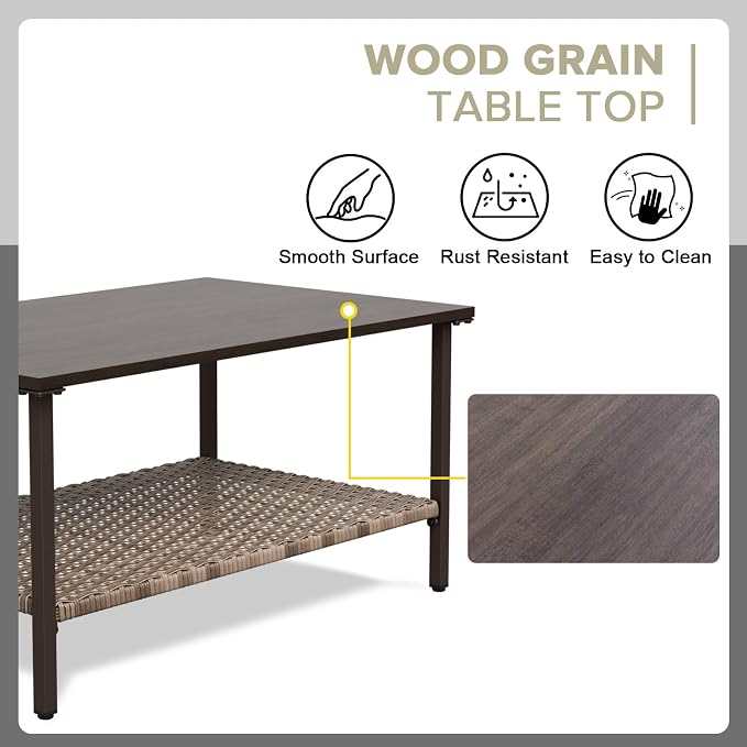 COOS BAY Aurora Terrace Outdoor Coffee Table, 2 Tier Metal Patio Table with Storage, Wood Grain Top Garden Side Table, All Weather Wicker Furniture