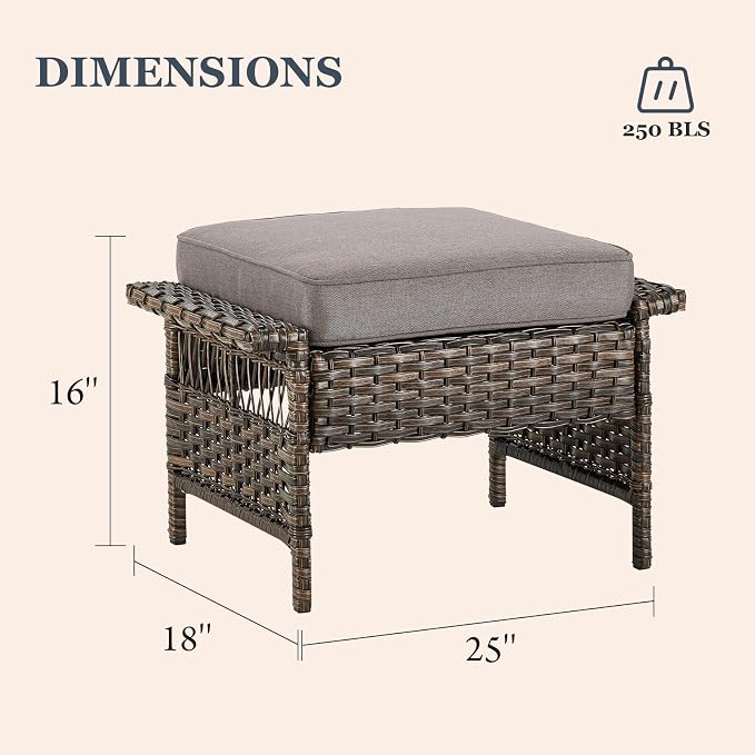 Wicker Patio Furniture Set - Sofa With 2 PE Rattan Ottomans, Brown Wicker Grey Cushions - 3pcs Conversation Set for Garden, Balcony, Sunroom, Backyard, Deck, Poolside