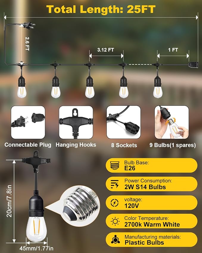 2W 25FT Outdoor String Light,Commercial Grade with 8+1 S14 LED Bulbs | Patio Lights Shatterproof Waterproof,2700K Warm White E26 Dimmable for Balcony Gazebo Porch Fence Garden Camping