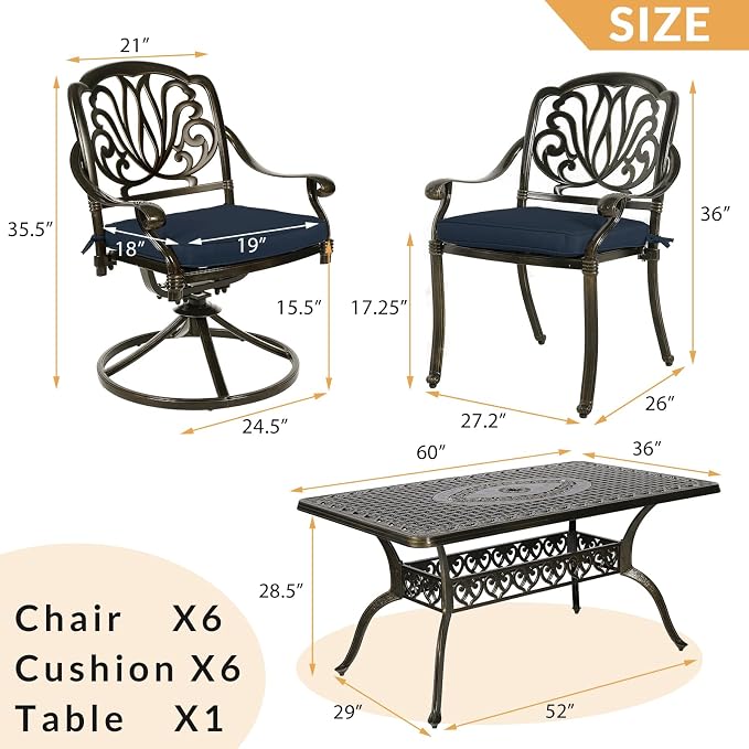 7-Piece Outdoor Patio Dining Set, 60” Rectangular Cast Aluminum Dining Table with Umbrella Hole and 4 Stationary, 2 Swivel Rocker Chairs, 6 Cushioned, Backyard, Patio, Garden, Navy
