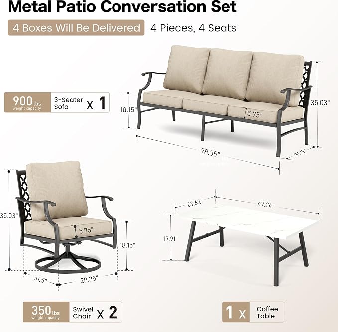 SUNSHINE VALLEY Patio Furniture Set, 4 Piece Modern Metal Outdoor Patio Furniture, 3 Seater Couch, 2 swivel Chairs, Coffee Table and 5.75" Extra Thick Cushion, Patio Conversation Set for Backyard Deck