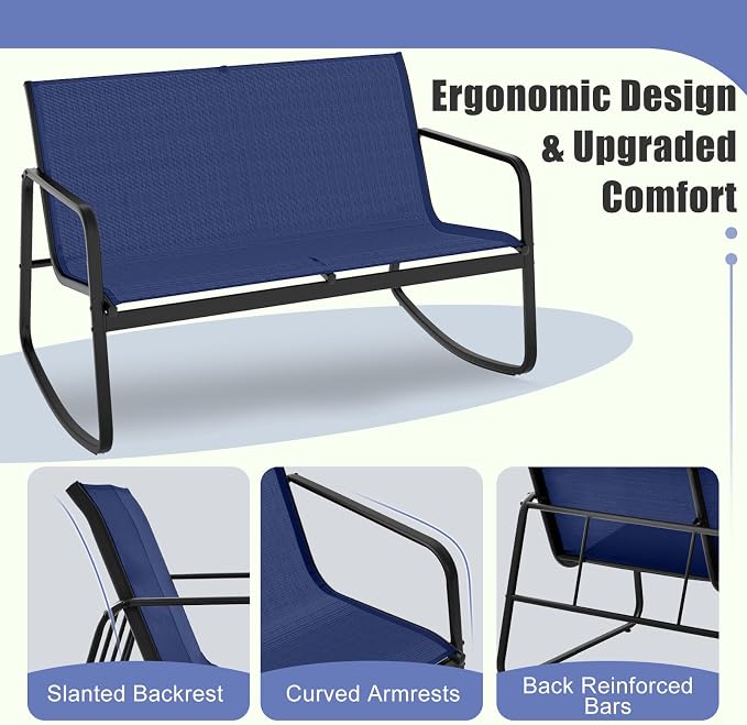 HAPPYGRILL 4 Pieces Patio Rocking Furniture Set with Loveseat, 2 Rocking Chairs & Glass-Top Coffee Table, Outdoor Porch Rocker Chair Conversation Set for Balcony, Poolside, Garden, Backyard (Navy)