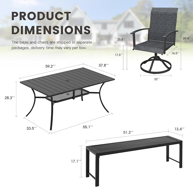 6 Pieces Patio Dining Set for 6-7 People, 59.2" Rectangular Patio Dining Table and Chairs Set with Outdoor Bench for Garden Deck, Black