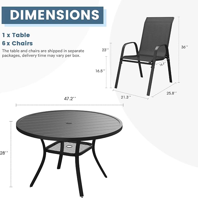 DIFY 7 Piece Outdoor Dining Set, 48" Black Round Metal Patio Table and Dark Grey Textilene Stackable Chairs for 6, All Weather Patio Furniture Set with Umbrella Hole for Backyard Garden Deck