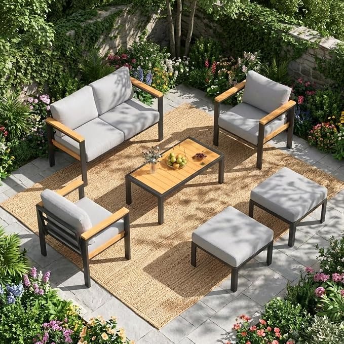 HOMREST Aluminum Outdoor Furniture Set, 6 PCS Metal Oversized Patio Furniture Set with Washable Cushions, Patio Conversation Set with Special Anti-Heat Armrest and Coffee Table, Gray