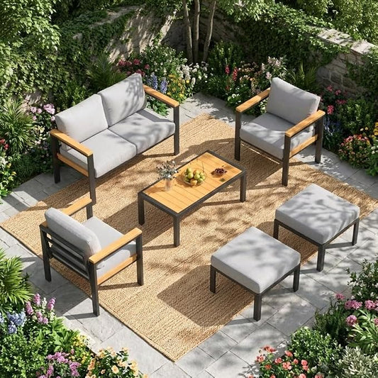 HOMREST Aluminum Outdoor Furniture Set, 6 PCS Metal Oversized Patio Furniture Set with Washable Cushions, Patio Conversation Set with Special Anti-Heat Armrest and Coffee Table, Gray