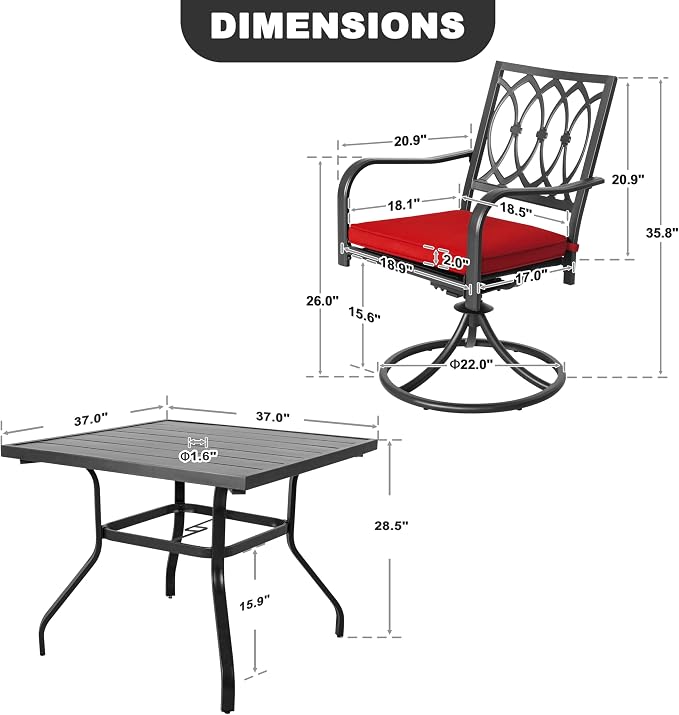NUU GARDEN 5 Piece Outdoor Dining Set, 4 Swivel Patio Dining Chairs and 37 Inch Square Dining Table with 1.6'' Umbrella Hole and Red Removable Cushions for Garden,Backyard, Deck, Yard, Black