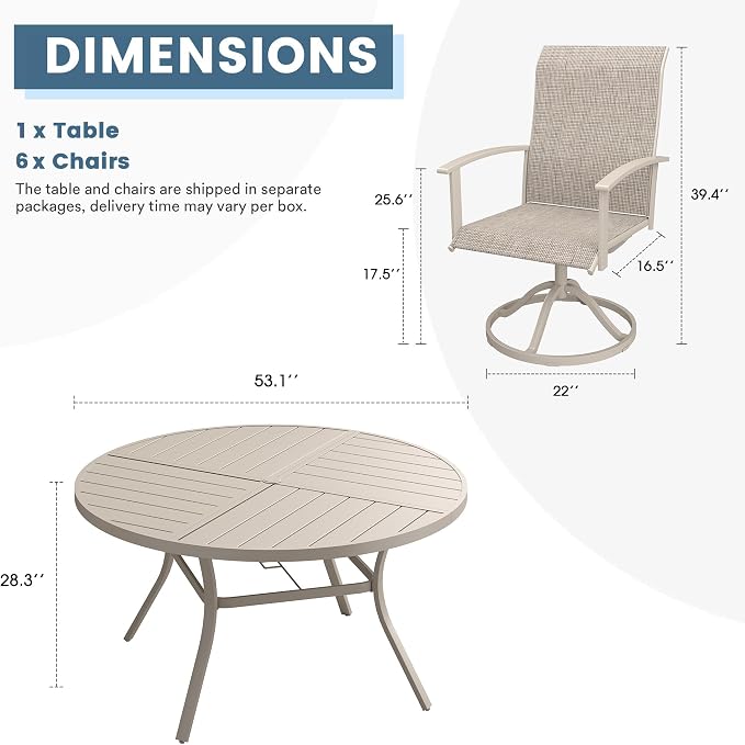 DIFY 7 Pieces Outdoor Dining Set, Metal Patio Table and Chairs Set for 6 with Umbrella Hole, 53.1" Round Outdoor Table and Textilene Swivel Patio Chairs for Garden, Backyard, Poolside, Sandshell