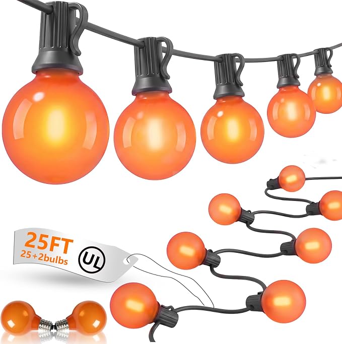25Ft LED Outdoor Halloween Decorations Lights, 25 G40 Orange Globe Bulbs | Waterproof G40 Patio String Lights, Connectable Shatterproof Hanging Outdoor Lights for Porch Yard Garden Halloween Party