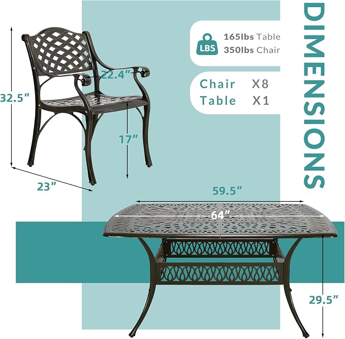 MEETWARM 9-Piece Outdoor Furniture Dining Set for 8, All Weather Cast Aluminum Patio Dining Set- Large 64" Square Table and 8 Chairs, Patio Table and Chairs Set for Garden, Umbrella Hole, Dark Bronze