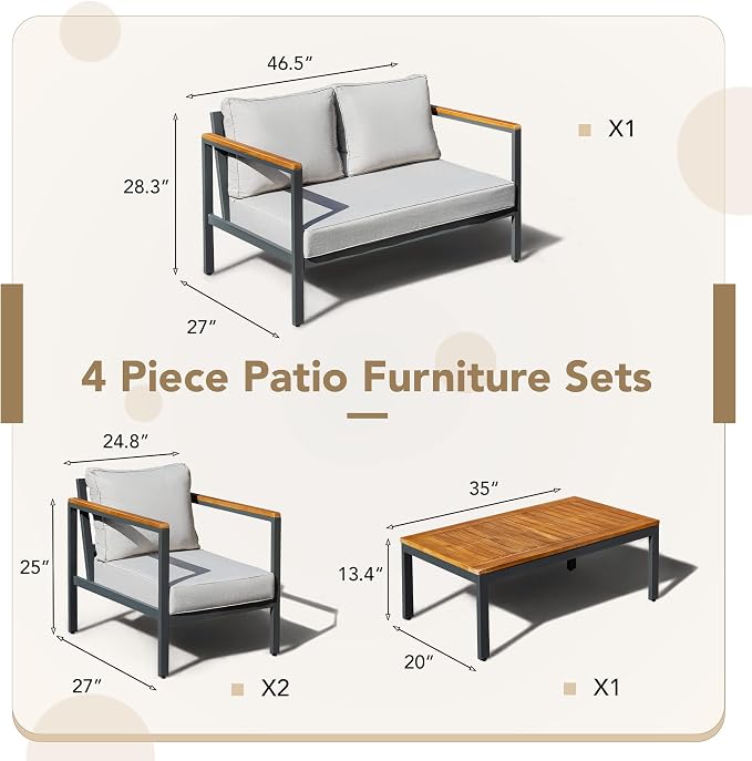 Devoko 4 Pieces Patio Furniture Sets Outdoor Conversation Set Acacia Wood Sofa Set with Coffee Table Thicker Sponge Cushion