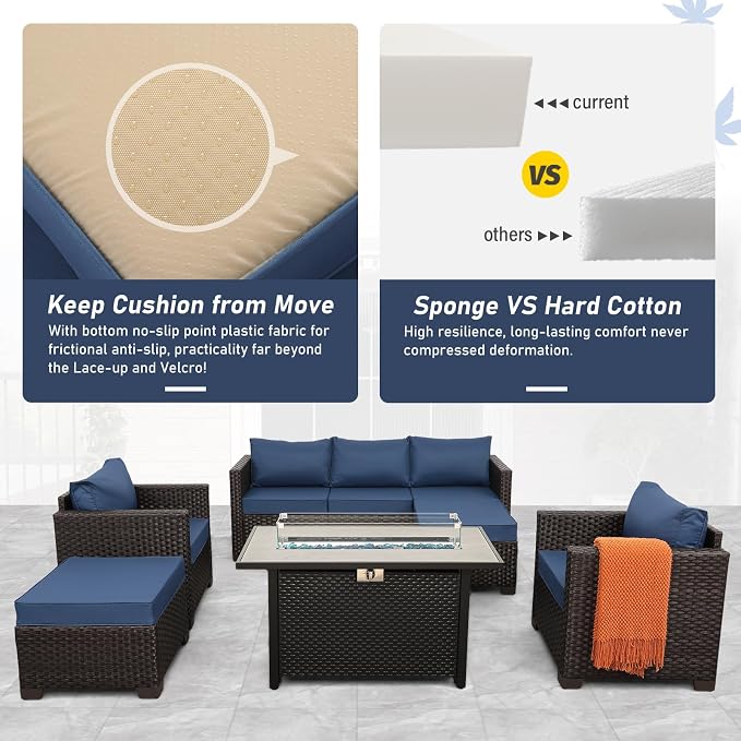 6-Piece Patio Furniture Set Outdoor Furniture Set with 45'' Propane Gas Fire Pit Table Outdoor Conversation Set Wicker Sofa Set Non-Slip Cushions Waterproof Covers, Navy Blue
