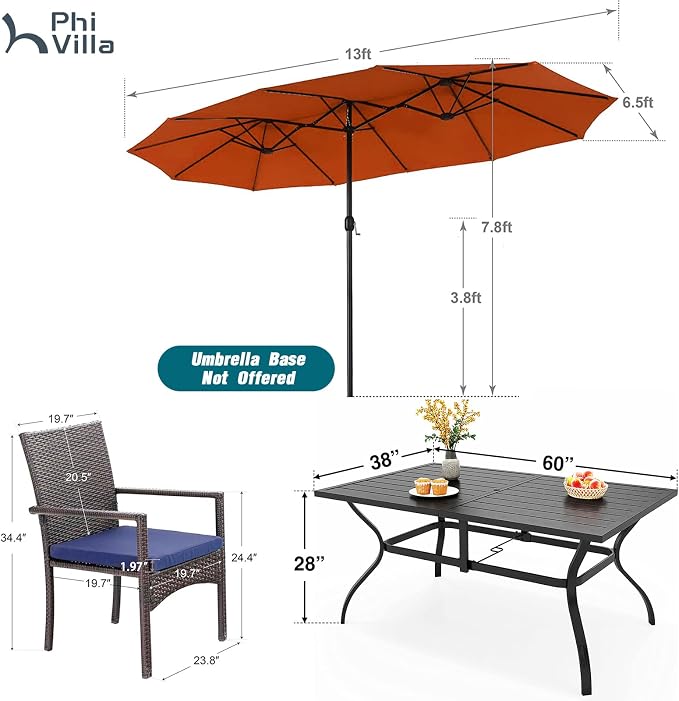 PHI VILLA 7pc Patio Dining Set with Red Umbrella, 6 Rattan Chairs | PE Rattan Chairs with Cushion, 13ft Large Red Umbrella, Powder-coated, for Deck, Yard, Porch