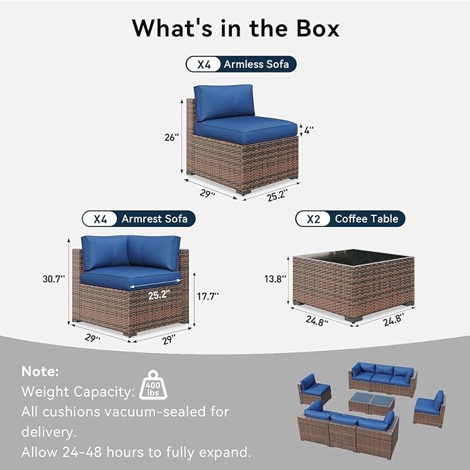 LazySunsets 10 Piece Outdoor Patio Furniture Set with Coffee Table, Outdoor Patio Furniture Sets with 4'' Thicken Cushion, Wicker Rattan Outdoor Conversation Set for Backyard, Blue