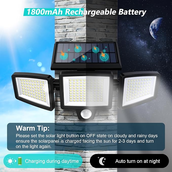 Tuffenough Solar Outdoor Lights 2500LM 210 LED Security Lights with Remote Control,3 Heads Motion Sensor Lights, IP65 Waterproof,270° Wide Angle Flood Wall Lights with 3 Modes(4 Pack)