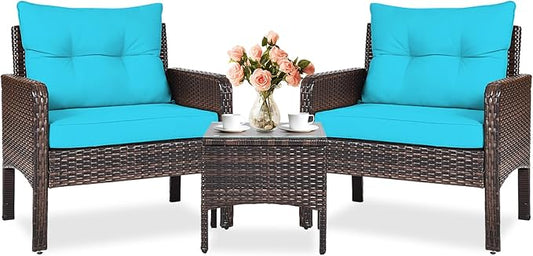 KOTEK 3 Piece Patio Furniture Set, Outdoor Wicker Conversation Bistro Set with 4 Cushions, All Weather PE Rattan Furniture Set for Garden, Backyard, Porch, Poolside (Turquoise)