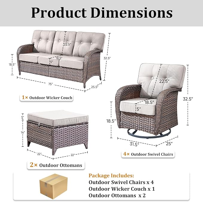 7-Piece Wicker Patio Furniture Set with 5-Inch Thick Cushions Weather Resistant Rattan High Back Swivel Rocker Chairs Senior Friendly Conversation Set for Small Porch Deck Sunroom Brown/Beig