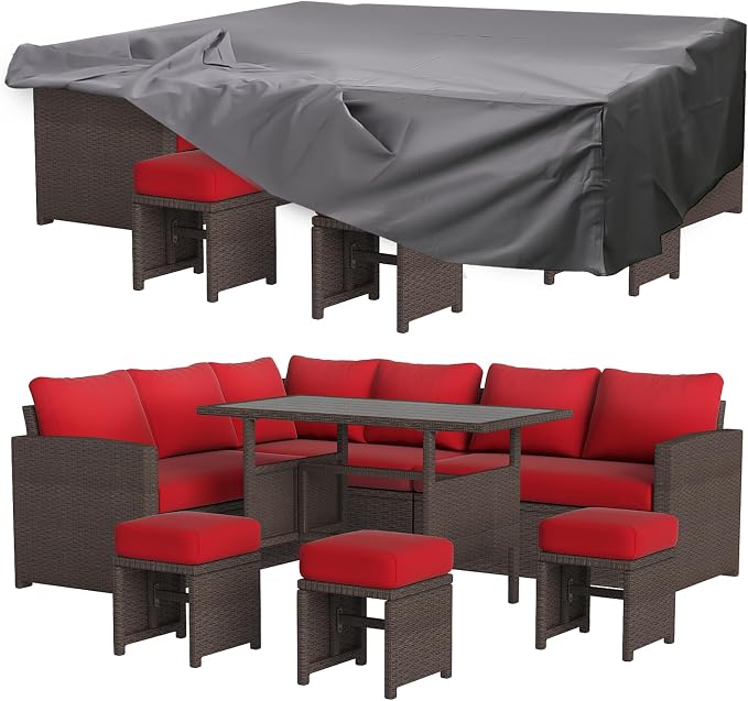 U-MAX 7 Pieces Patio Furniture Set with Waterproof Cover, Outdoor Sectional Sofa Conversation Set, All Weather Wicker Rattan Dining Table & Chair with Ottoman, Brown Rattan&Red Cushion