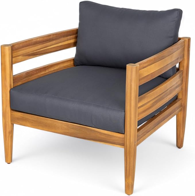 Christopher Knight Home 4-Piece Outdoor Patio Furniture Set, Acacia Wood Conversation Set with Loveseat Coffee Table and 2 Single Chairs Cushions, Slatted Backyard Garden Seating Set, Dark Gray