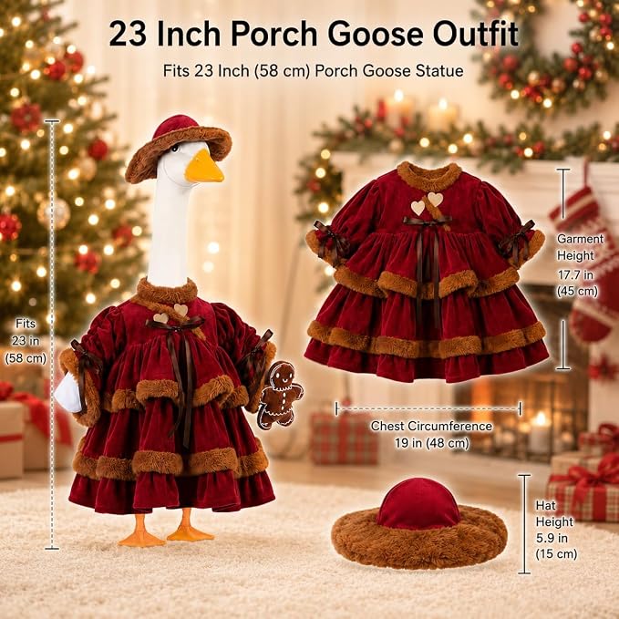 STONESTAR Christmas Porch Goose Outfits for 23" High Cement Plastic Lawn Goose Statue, Vintage Gingerbread Velvet Tiered Dress Goose Costume for Patio Yard Xmas Santa Holiday Decor