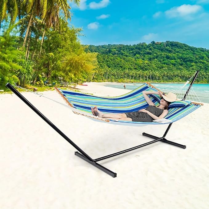 Portable Blue-Green Beech Wood Foldable Hammock with Detachable Pillow for Patio/Balcony 55.5x75in, 265lb Capacity Contemporary