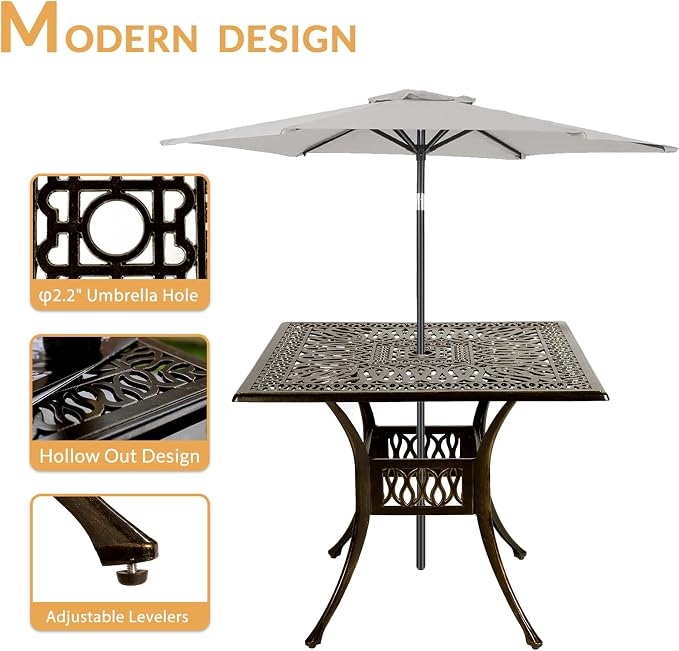 5-Piece Outdoor Patio Dining Set, All-Weather Cast Aluminum Patio Furniture Set for Backyard Garden Deck with 4 Chairs, 4 Cushions and 35.4” Square Table, 2.2" Umbrella Hole, Blue