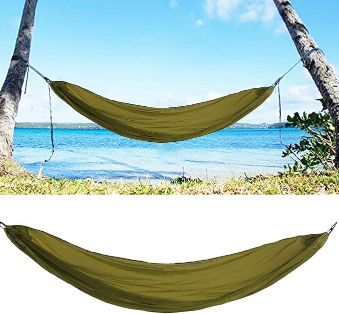 Portable Parachute Camping Hammock, Lightweight Outdoor Hammock with Aluminum Snap Hooks and Storage Bags, Compact Foldable Design for Hiking Backpacking Travel (Army Green)
