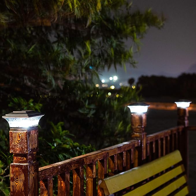 HUYIENO Solar Post Cap Lights Outdoor LED Lighting Deck Fence Cap Light Two Light Modes Warm White/Bright White Suitable for 4x4 Wooden Posts (Black, 8pk)