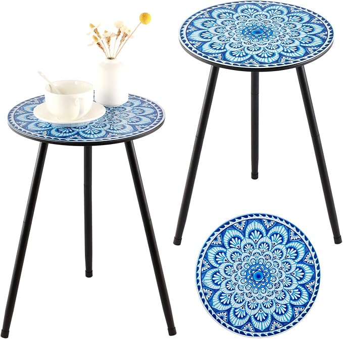 2 Packs Metal Mosaic Round Side Tables 13.4" Small Outdoor Patio Round Accent Coffee Tables Indoor Corner Stand for Small Spaces Weather-Resistant for Balcony, Porch Plant Stands Indoor, Blue Mosaic