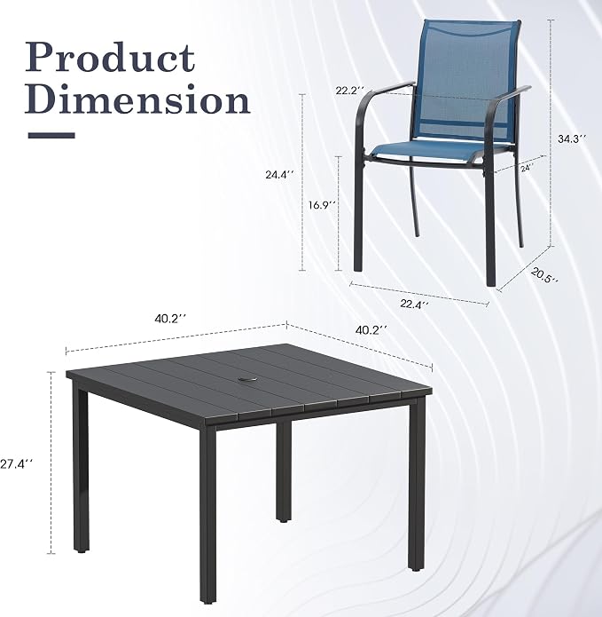 Patio Table and Chairs Set for 4, Outdoor Dining Set with 4 Stackable Dining Chairs and 40.2" x 40.2" Patio Square Dining Table for Backyard, Deck, Lawn, Garden, Dark Blue & Black