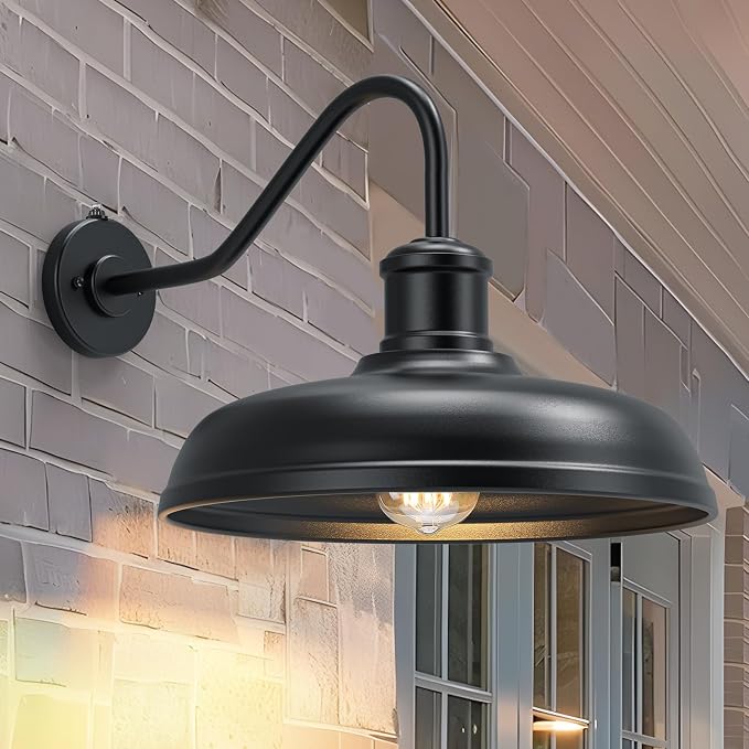 16 Inch Dome Dusk to Dawn Gooseneck Barn Light Outdoor, Black | Large Farmhouse Exterior Lighting Fixture, Industrial Outdoor Wall Sconce Outside Lantern for House, Porch, Garage