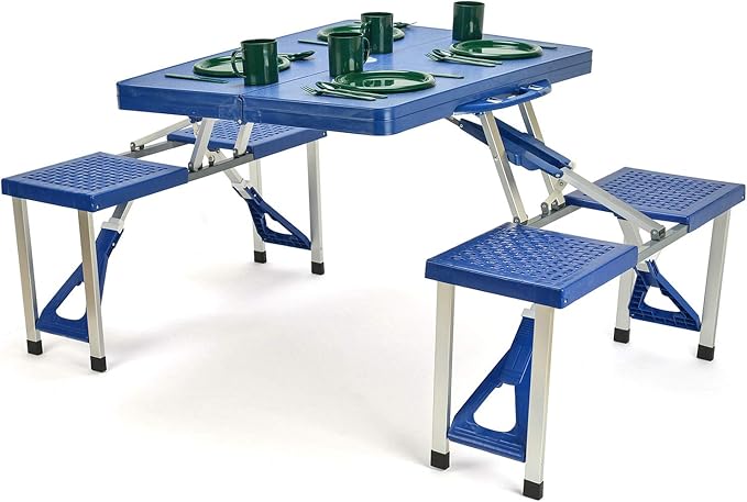 Picnic Table Folding Portable 4-Person Fold Up Travel Camping Table for Indoor, Outdoor Travel, Patio, Lawn, Garden (Blue Table)