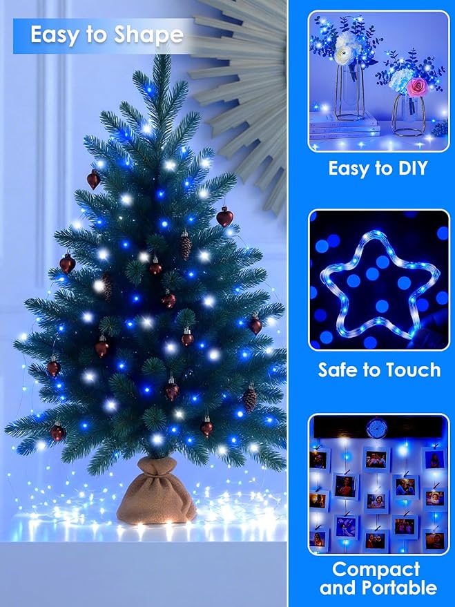 66FT 200 LED Fairy Lights Plug in, 8 Modes Twinkle Lights Blue and White | Waterproof String Lights Outdoor Indoor, Memory, Timer, Copper Wire, Christmas Lights for Bedroom Garden Party Holiday Decor