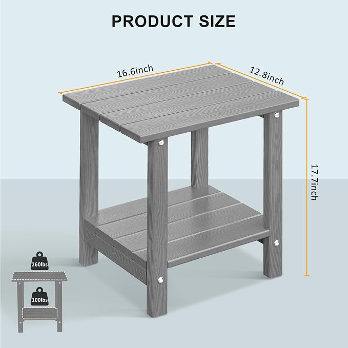 2 Tier Outdoor Side Table with Wood-Like Grain, 16.6" HDPE Adirondack Table Patio Side Table, Weather Resistant End Table for Pool, Patio & Porch, Small Outdoor Table (Grey, Rectangle)