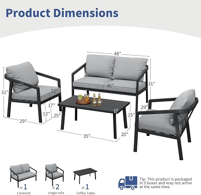 4-Piece Patio Sofa Set, Never-Rust Aluminum Patio Furniture with Thick Removable Cushions, Outdoor Conversation Set with 2 Armchairs, Loveseat & Table for Garden Deck Pool Poolside (Black)