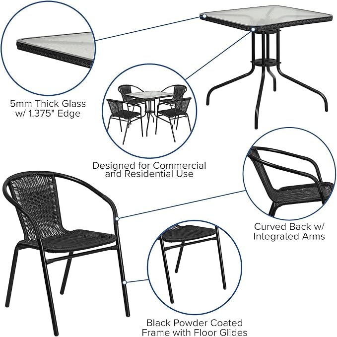 Flash Furniture 5-Piece 28" Square Indoor/Outdoor Patio Table and Chairs Set, Dining Set with Glass Metal Bistro Table, 4 Stack Rattan Chairs, Black
