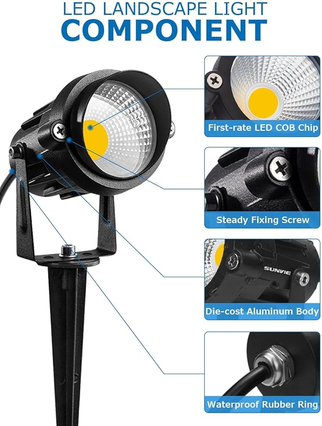 SUNVIE 12W Low Voltage LED Landscape Lights with Connectors, Outdoor 12V Super Warm White (900LM) Waterproof Garden Pathway Lights Wall Tree Flag Spotlights with Spike Stand (10 Pack with Connector) | Outdoor 12V Waterproof Super Warm White 900LM Garde...