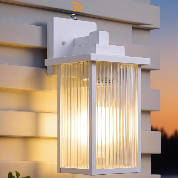 13" White Dusk to Dawn Outdoor Light, Exterior Light Fixture | Auto On and Off, Anti-Rust Metal Frame, Tempered Glass, E26 Socket, Easy DIY Install on Porch, Garage