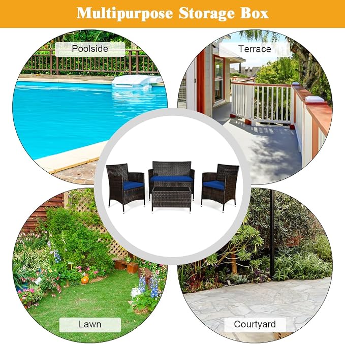 8 Pieces Patio Sofa Set, Wicker Conversation Set with Ergonomic Curved Backrest, Water-Resistant Cushion & Tempered Glass Table for Balcony, Porch, Patio (Navy Blue)