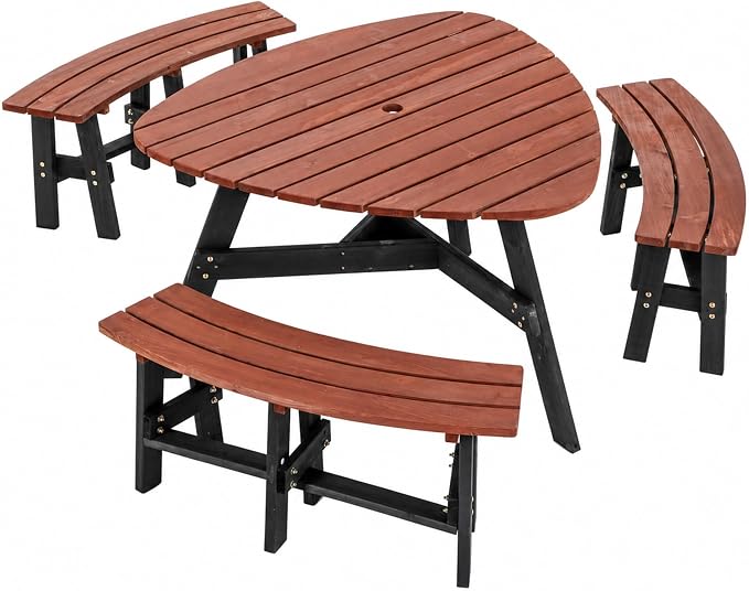 6-Person Outdoor Clover Triangle Wooden Picnic Table with 3 Build-In Benches,500 LBS Capacity Camping Dining Table with Umbrella Hole,Weather Resistance and Rot-Resistant Outside Table Set for Patio